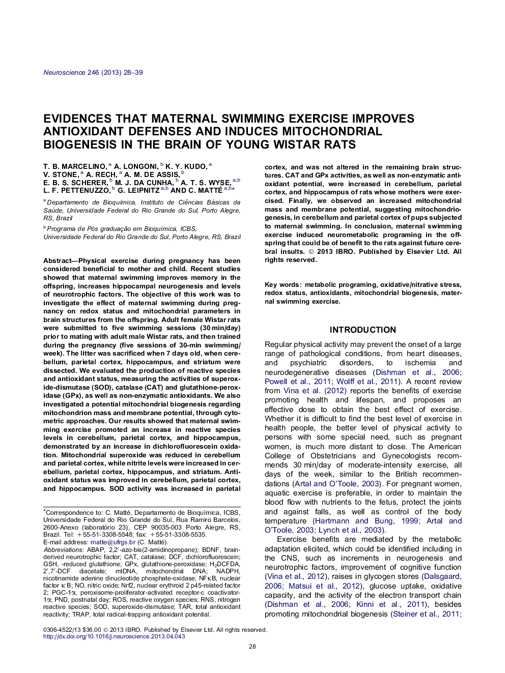 Evidences that maternal swimming exercise improves antioxidant defenses and induces mitochondrial biogenesis in the brain of young Wistar rats