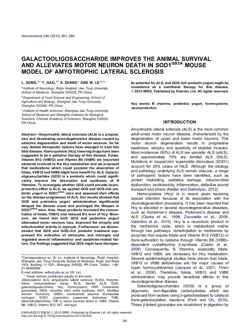 Galactooligosaccharide improves the animal survival and alleviates motor neuron death in SOD1G93A mouse model of amyotrophic lateral sclerosis