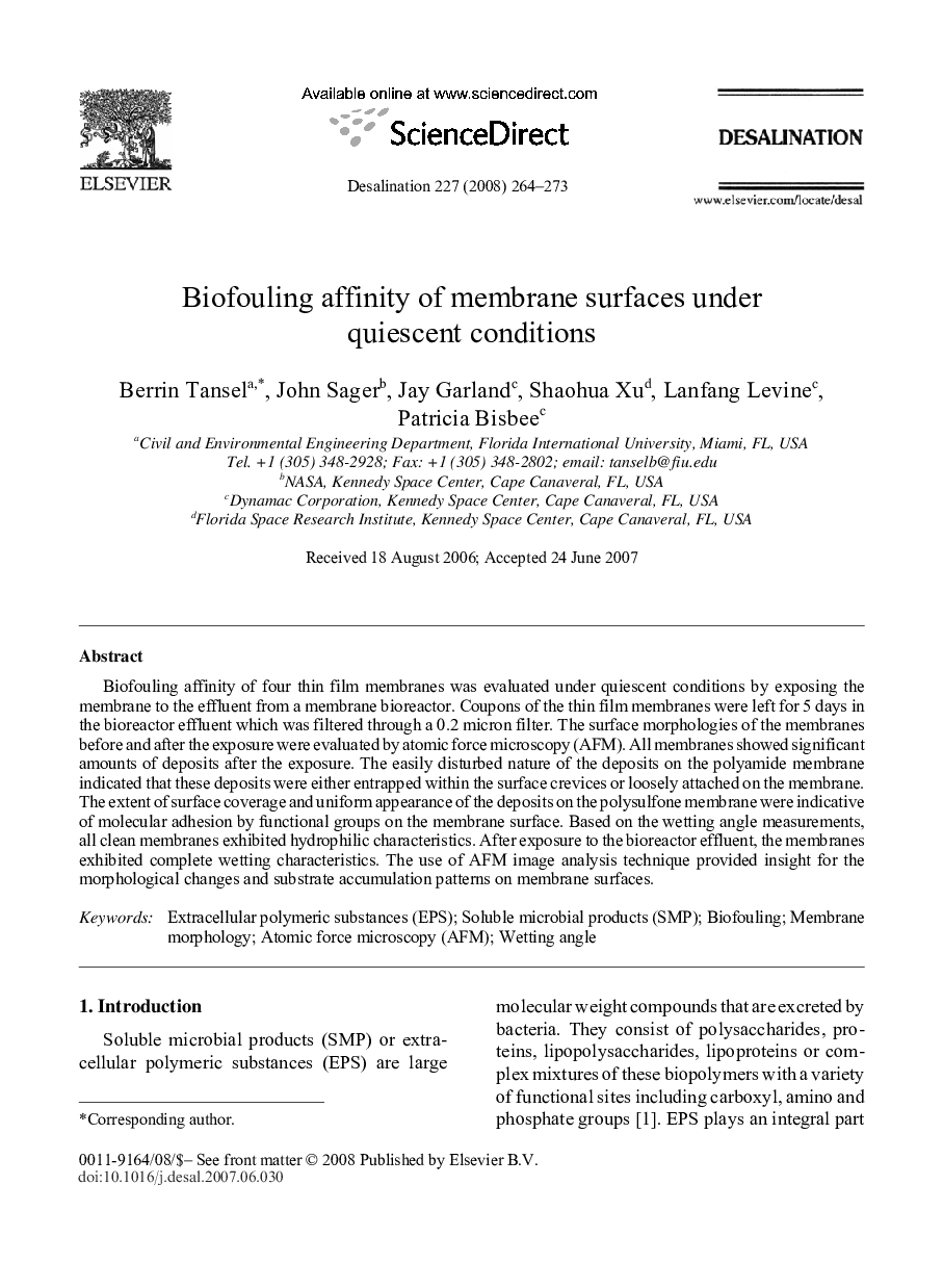 Biofouling affinity of membrane surfaces under quiescent conditions