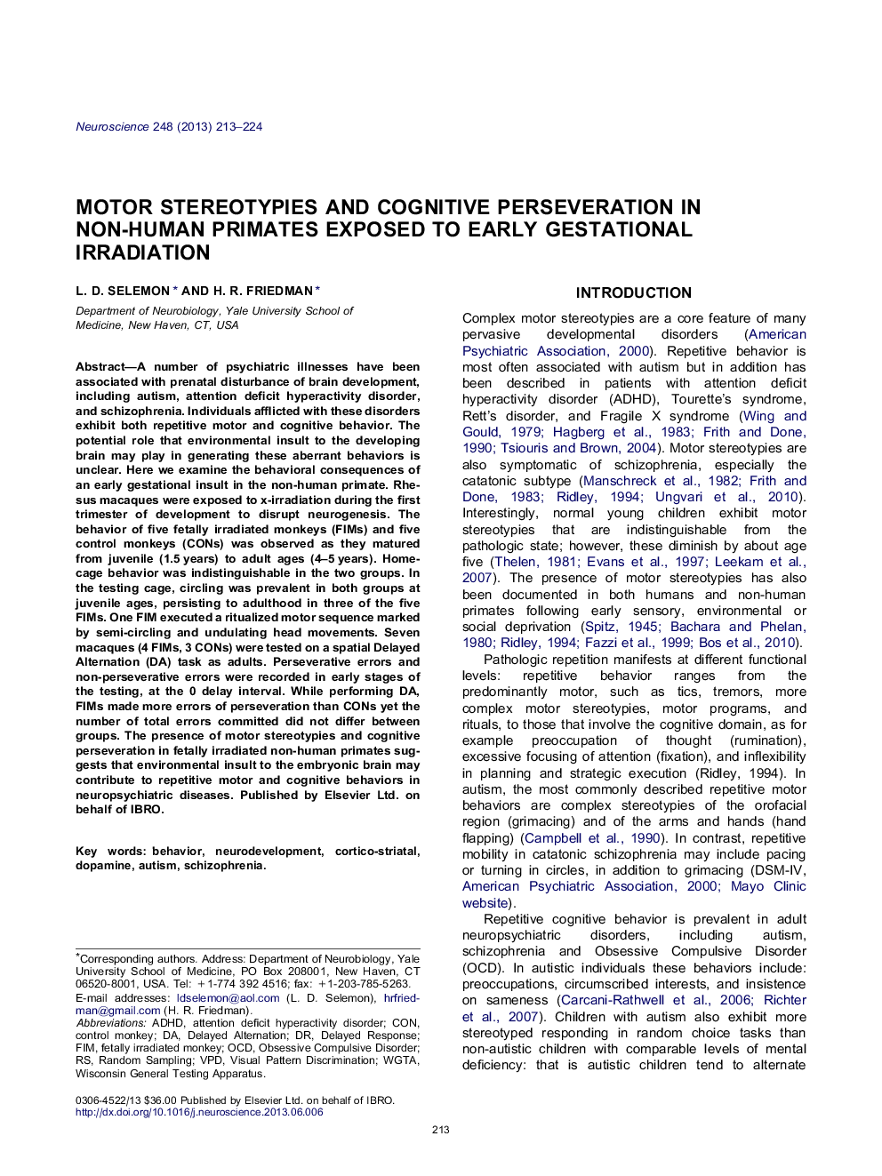 Motor stereotypies and cognitive perseveration in non-human primates exposed to early gestational irradiation