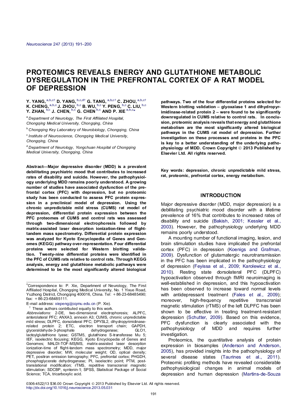 پروتئومیکس نشان دهنده اختلال در تنظیم متابولیسم انرژی و گلوتاتیون در قشر پیش از موش صحرایی از مدل موشهای افسردگی است 