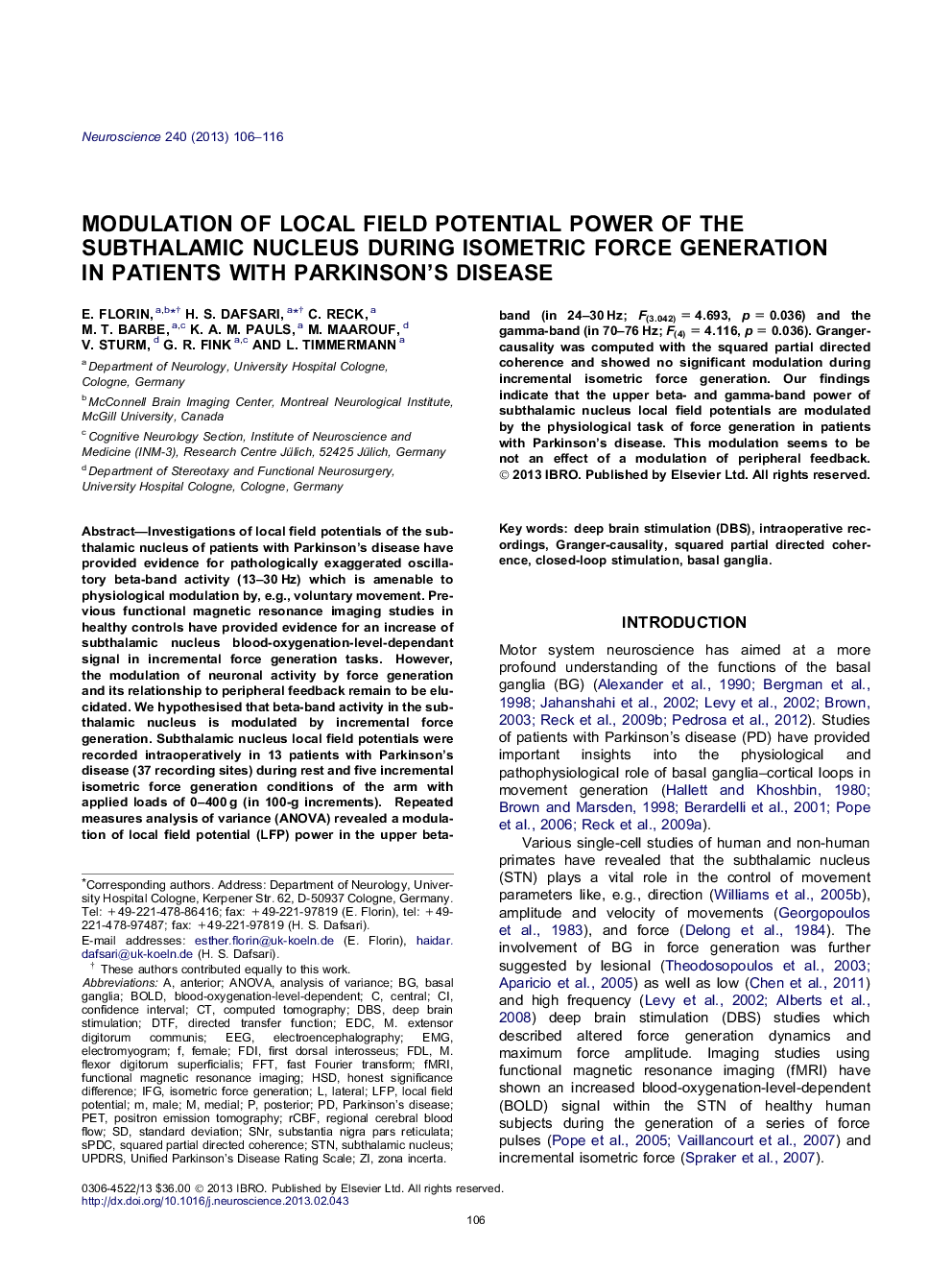 مدولاسیون توان بالقوه میدان مغناطیسی محلی زیر سلول در هنگام تولید نیروی ایزومتریک در بیماران مبتلا به بیماری پارکینسون 