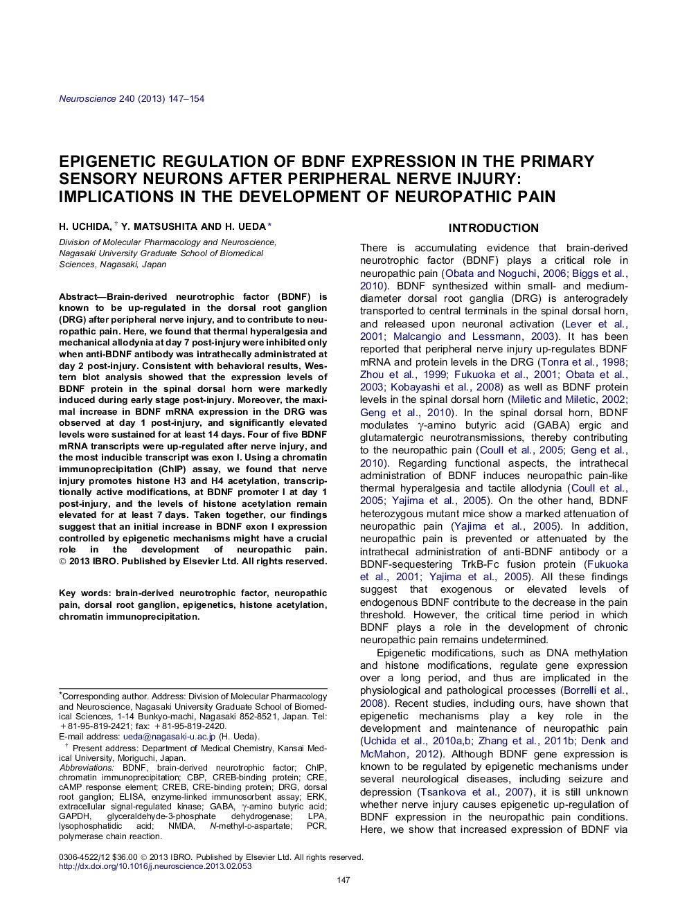 Epigenetic regulation of BDNF expression in the primary sensory neurons after peripheral nerve injury: Implications in the development of neuropathic pain