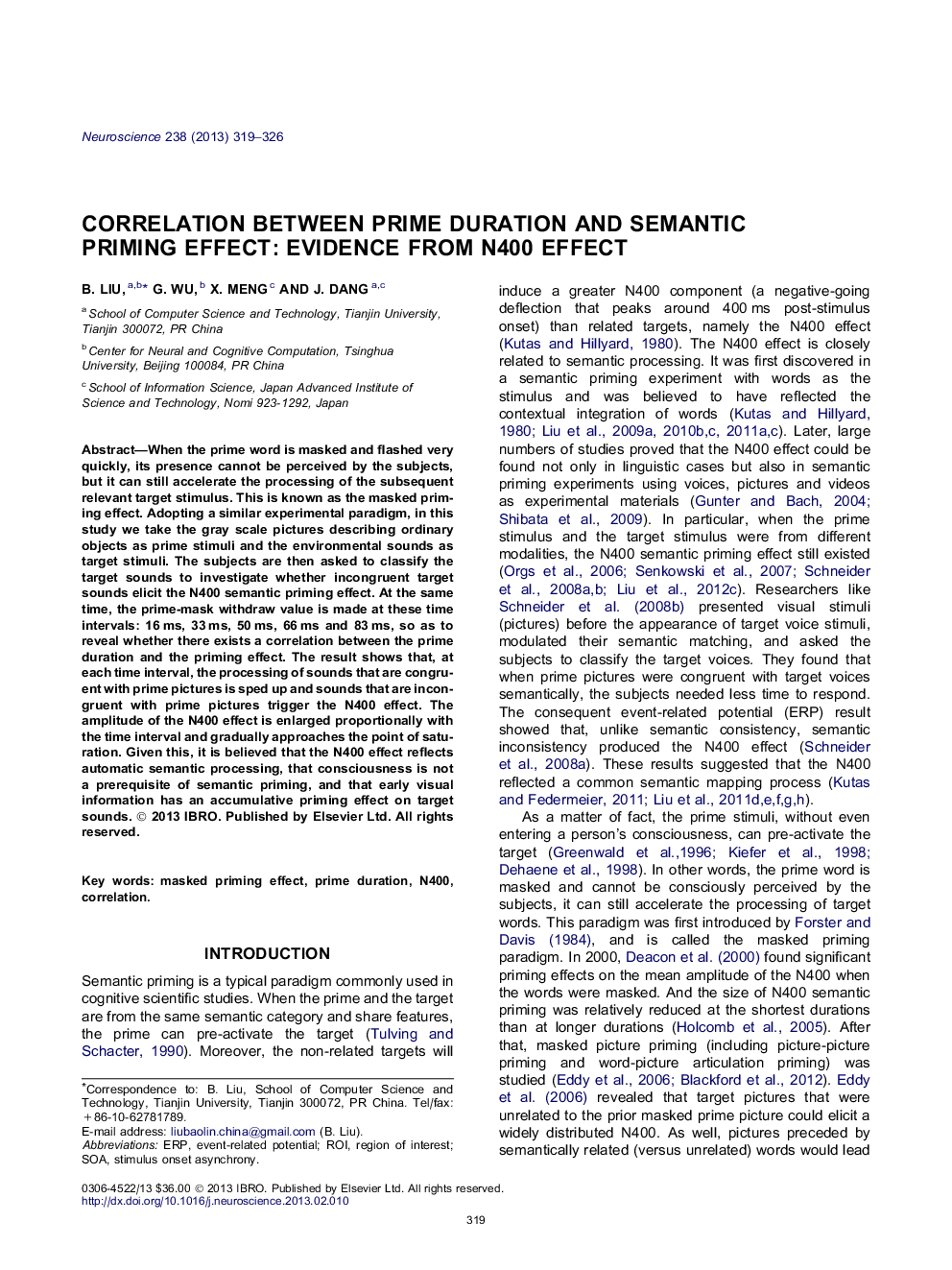 Correlation between prime duration and semantic priming effect: Evidence from N400 effect