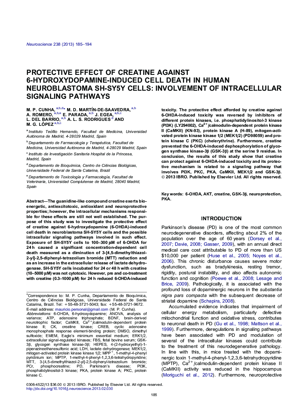 Protective effect of creatine against 6-hydroxydopamine-induced cell death in human neuroblastoma SH-SY5Y cells: Involvement of intracellular signaling pathways