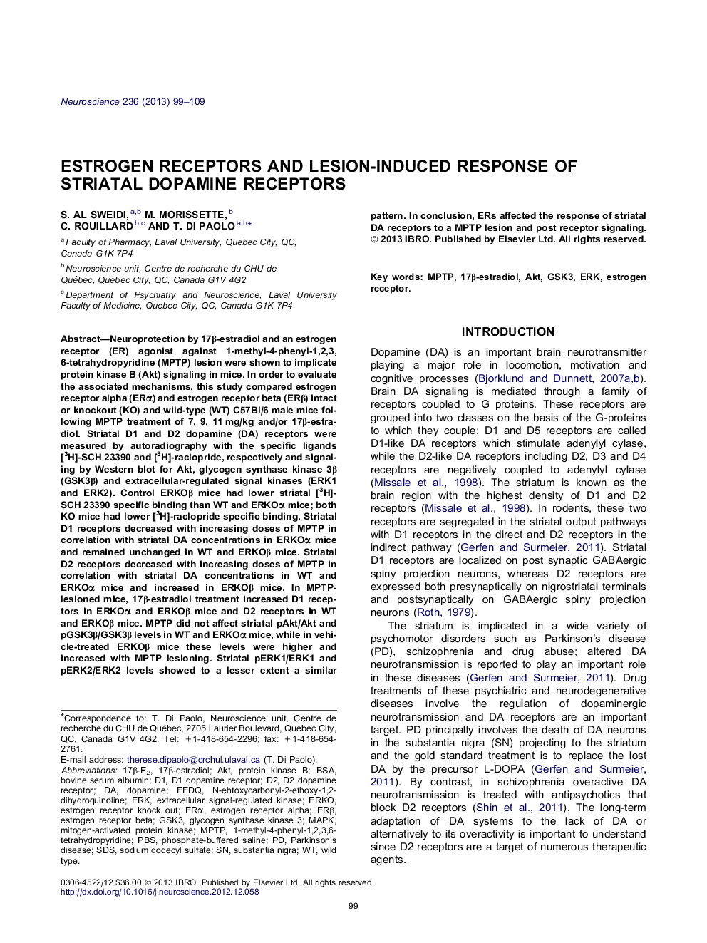 Estrogen receptors and lesion-induced response of striatal dopamine receptors