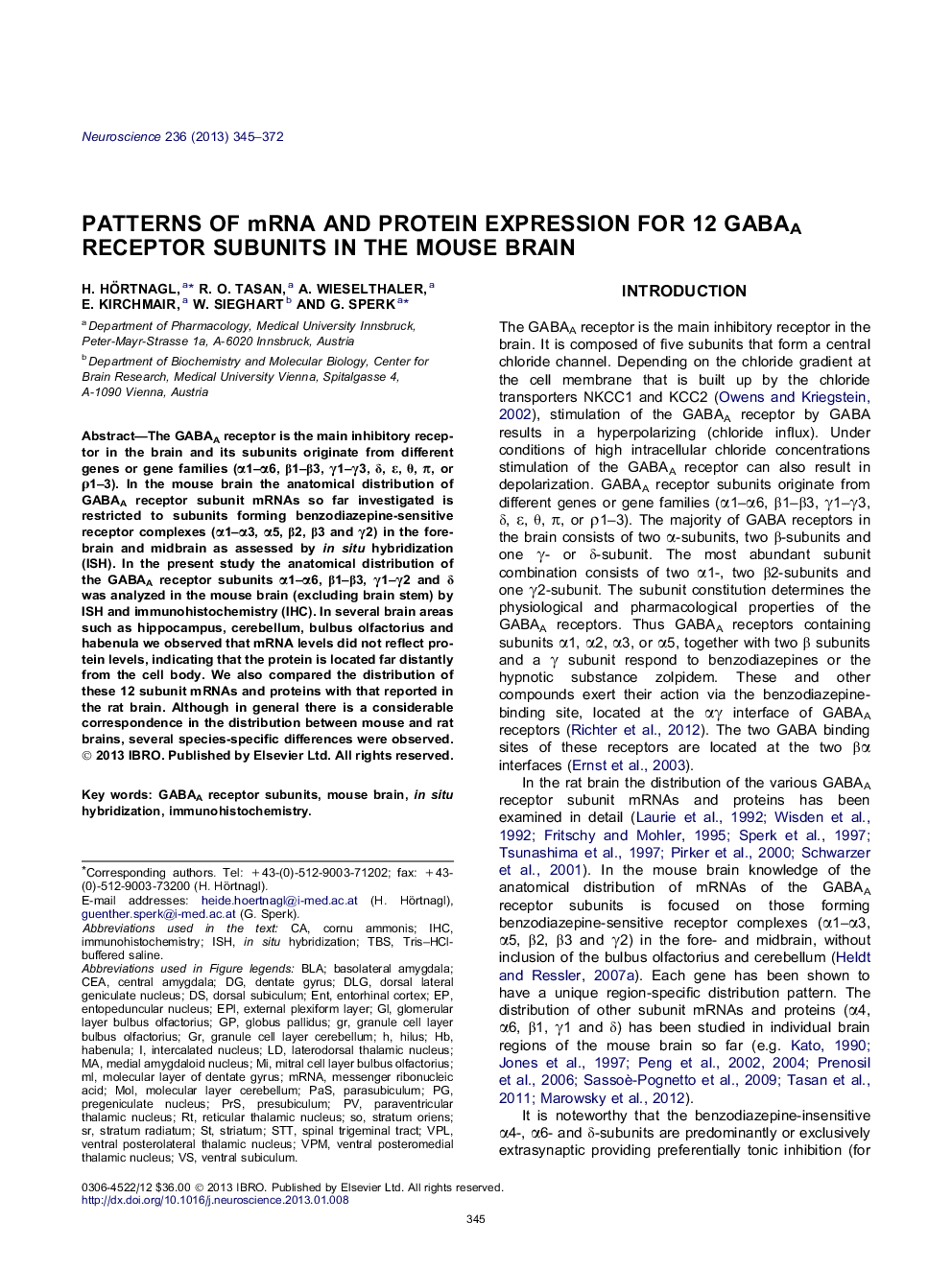 Patterns of mRNA and protein expression for 12 GABAA receptor subunits in the mouse brain