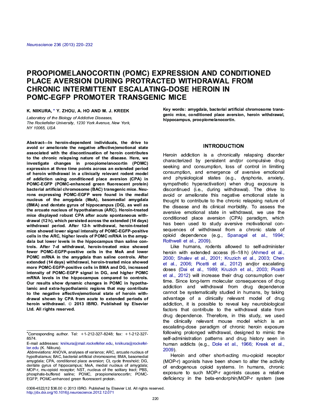 Proopiomelanocortin (POMC) expression and conditioned place aversion during protracted withdrawal from chronic intermittent escalating-dose heroin in POMC-EGFP promoter transgenic mice