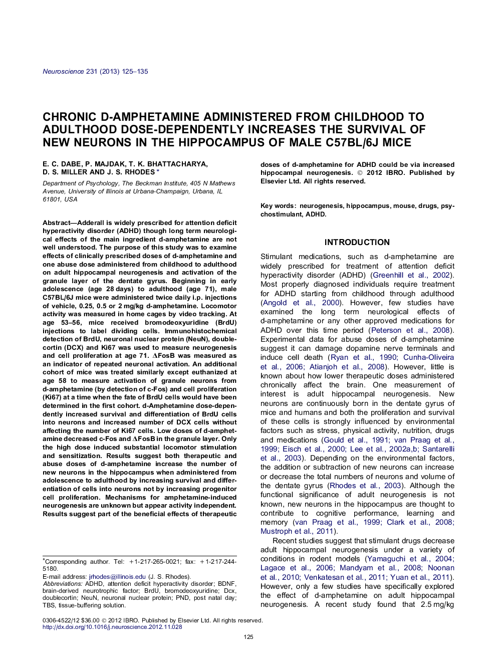 Chronic d-amphetamine administered from childhood to adulthood dose-dependently increases the survival of new neurons in the hippocampus of male C57BL/6J mice