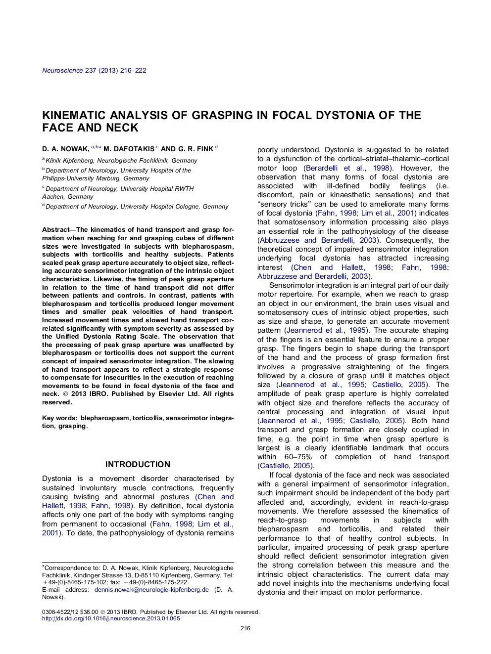 Kinematic analysis of grasping in focal dystonia of the face and neck