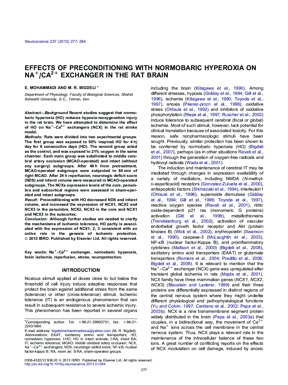 Effects of preconditioning with normobaric hyperoxia on Na+/Ca2+ exchanger in the rat brain