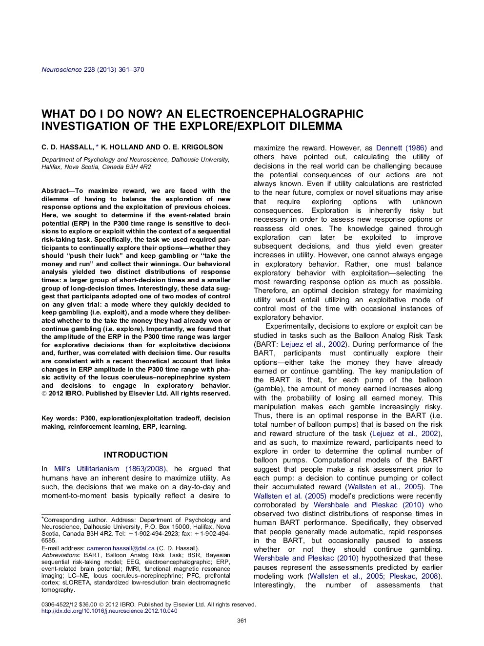 What do I do now? An electroencephalographic investigation of the explore/exploit dilemma