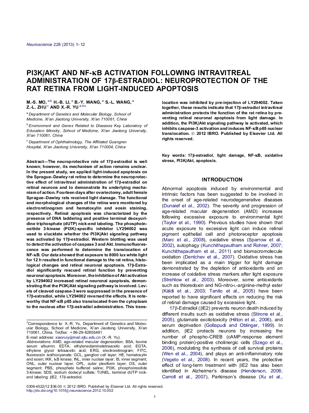 PI3K/Akt and NF-ÎºB activation following intravitreal administration of 17Î²-estradiol: Neuroprotection of the rat retina from light-induced apoptosis