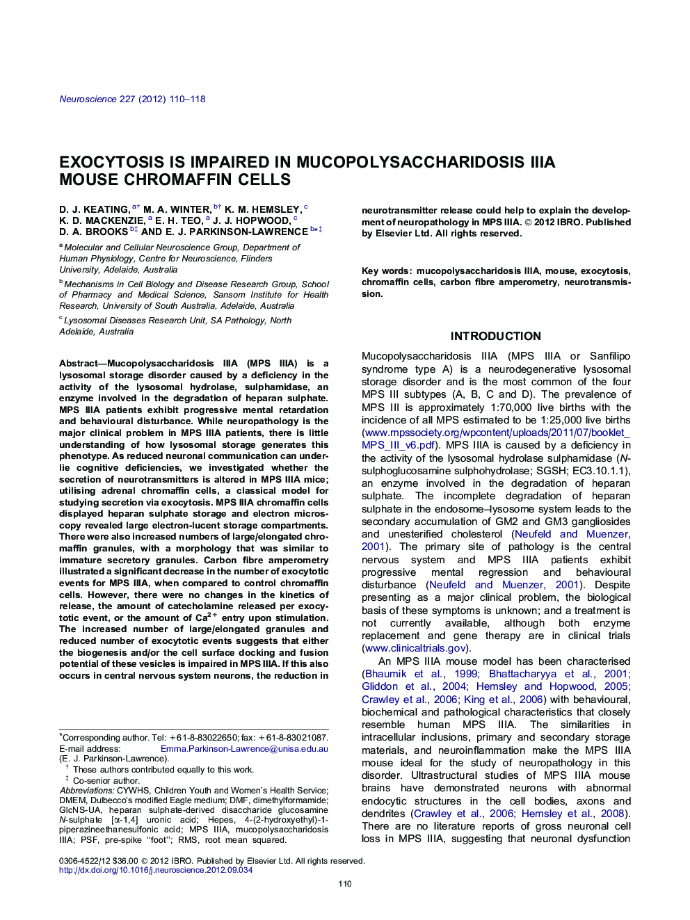 Exocytosis is impaired in mucopolysaccharidosis IIIA mouse chromaffin cells