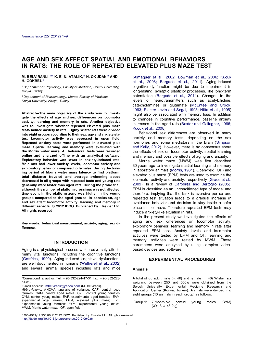 Age and sex affect spatial and emotional behaviors in rats: The role of repeated elevated plus maze test