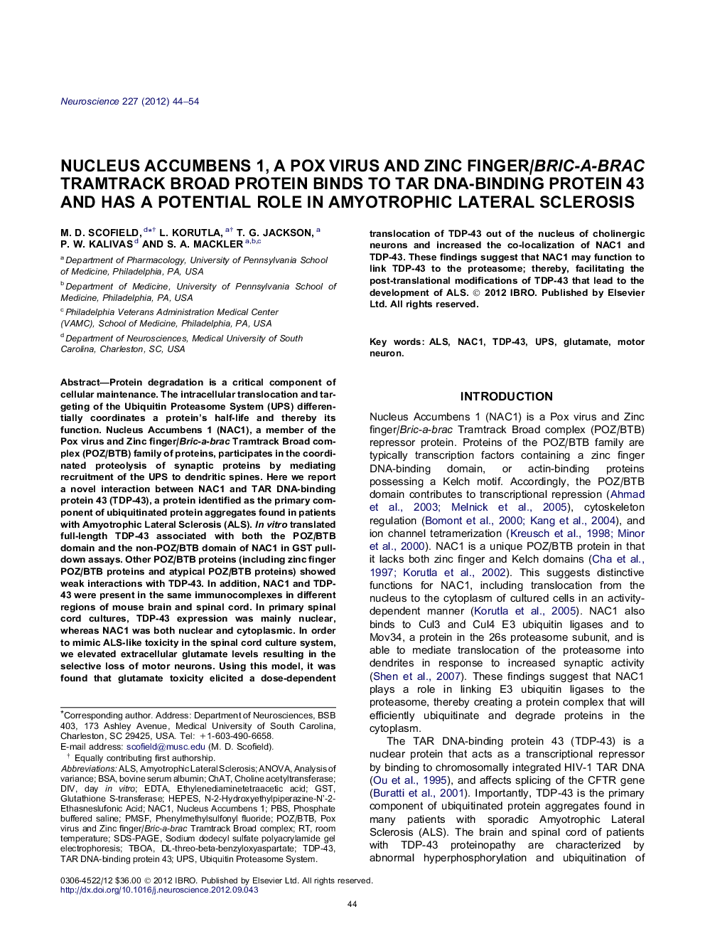 Nucleus Accumbens 1, a Pox virus and Zinc finger/Bric-a-brac Tramtrack Broad protein binds to TAR DNA-binding protein 43 and has a potential role in Amyotrophic Lateral Sclerosis