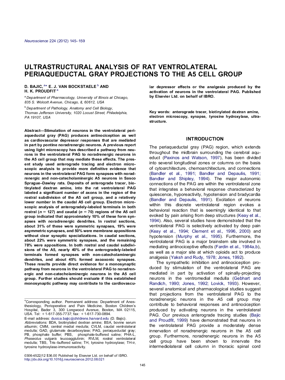 Ultrastructural analysis of rat ventrolateral periaqueductal gray projections to the A5 cell group