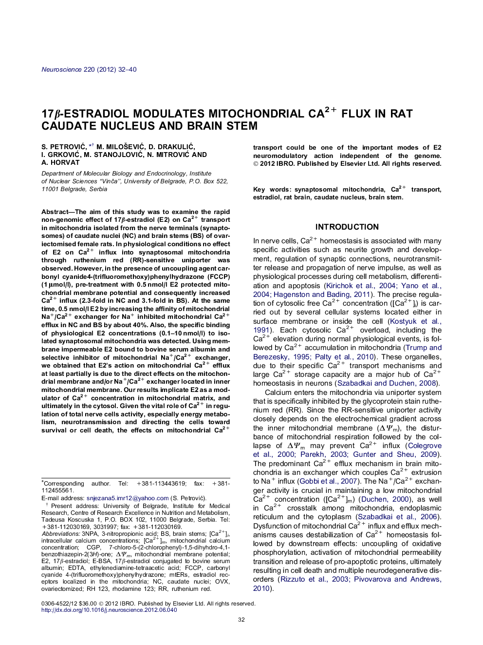 17Î²-estradiol modulates mitochondrial Ca2+ flux in rat caudate nucleus and brain stem