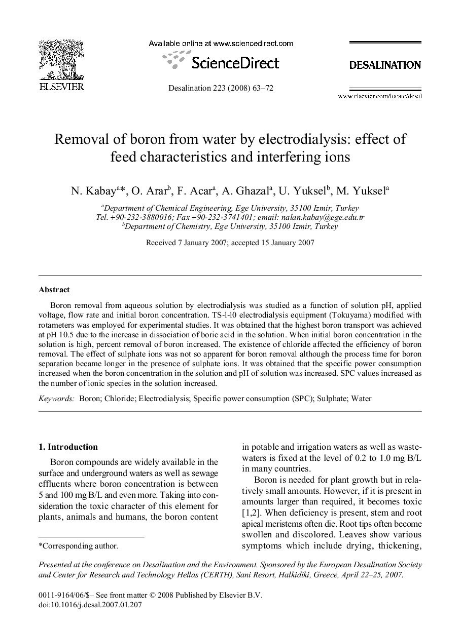 Removal of boron from water by electrodialysis: effect of feed characteristics and interfering ions