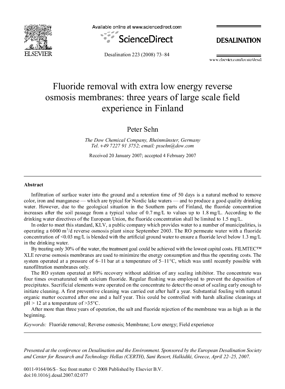 Fluoride removal with extra low energy reverse osmosis membranes: three years of large scale field experience in Finland