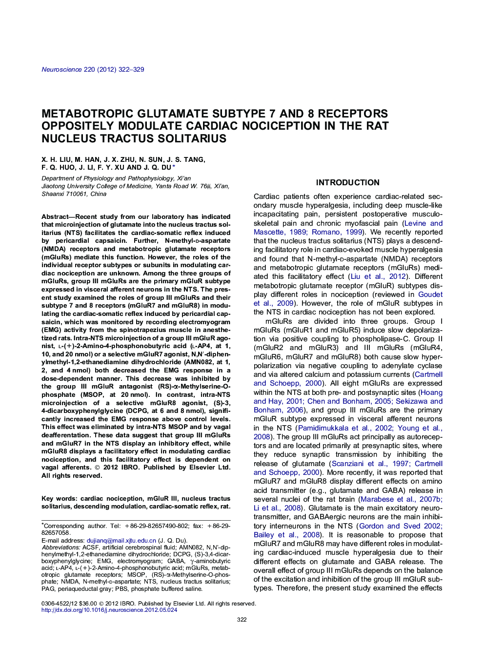 Metabotropic glutamate subtype 7 and 8 receptors oppositely modulate cardiac nociception in the rat nucleus tractus solitarius