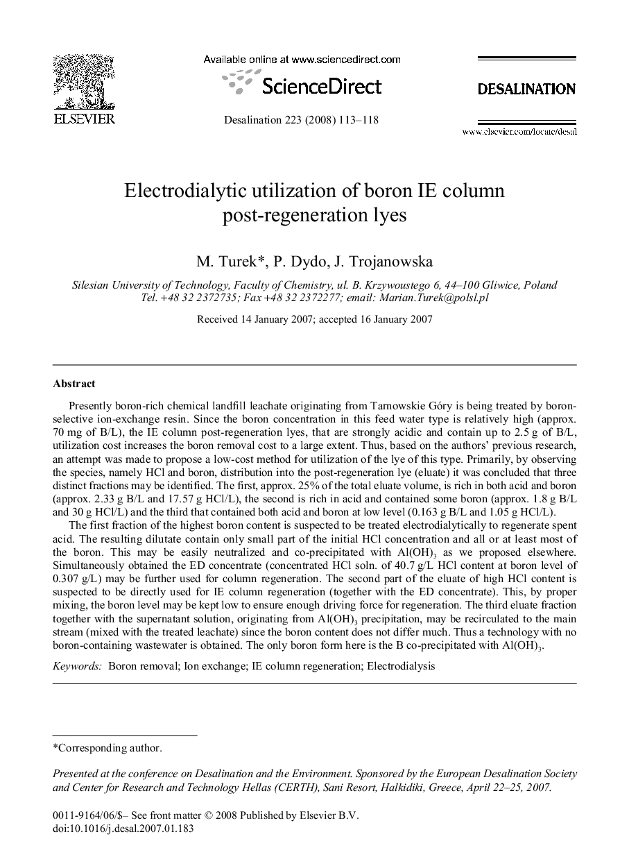 Electrodialytic utilization of boron IE column post-regeneration lyes