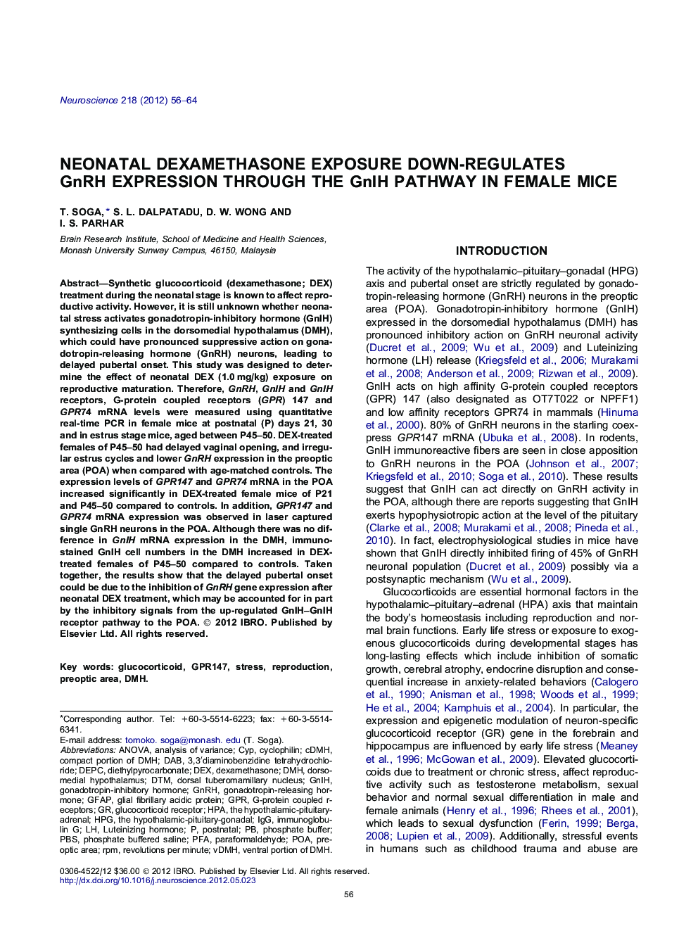 Neonatal dexamethasone exposure down-regulates GnRH expression through the GnIH pathway in female mice