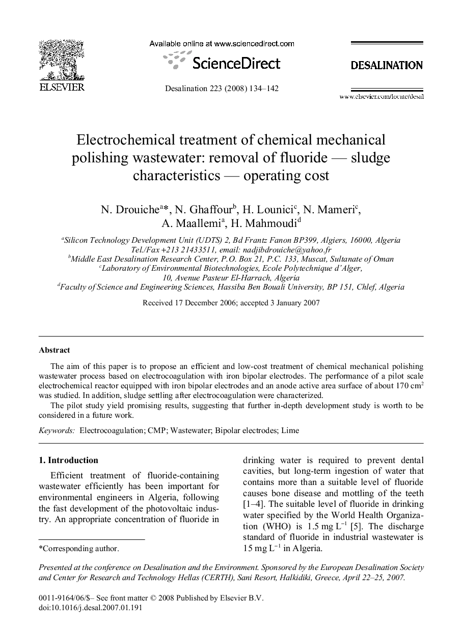 Electrochemical treatment of chemical mechanical polishing wastewater: removal of fluoride — sludge characteristics — operating cost