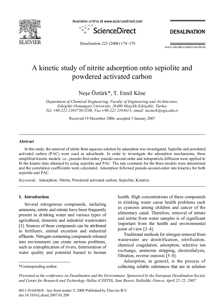 A kinetic study of nitrite adsorption onto sepiolite and powdered activated carbon