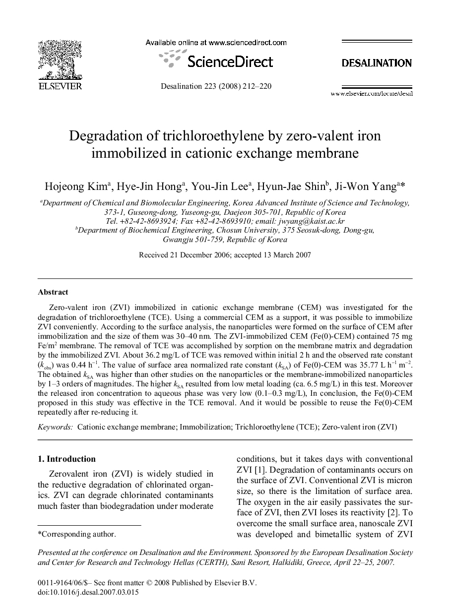 Degradation of trichloroethylene by zero-valent iron immobilized in cationic exchange membrane