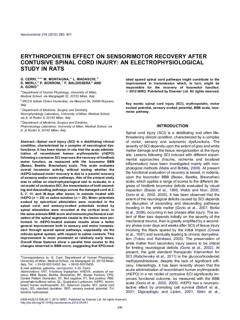 Erythropoietin effect on sensorimotor recovery after contusive spinal cord injury: An electrophysiological study in rats