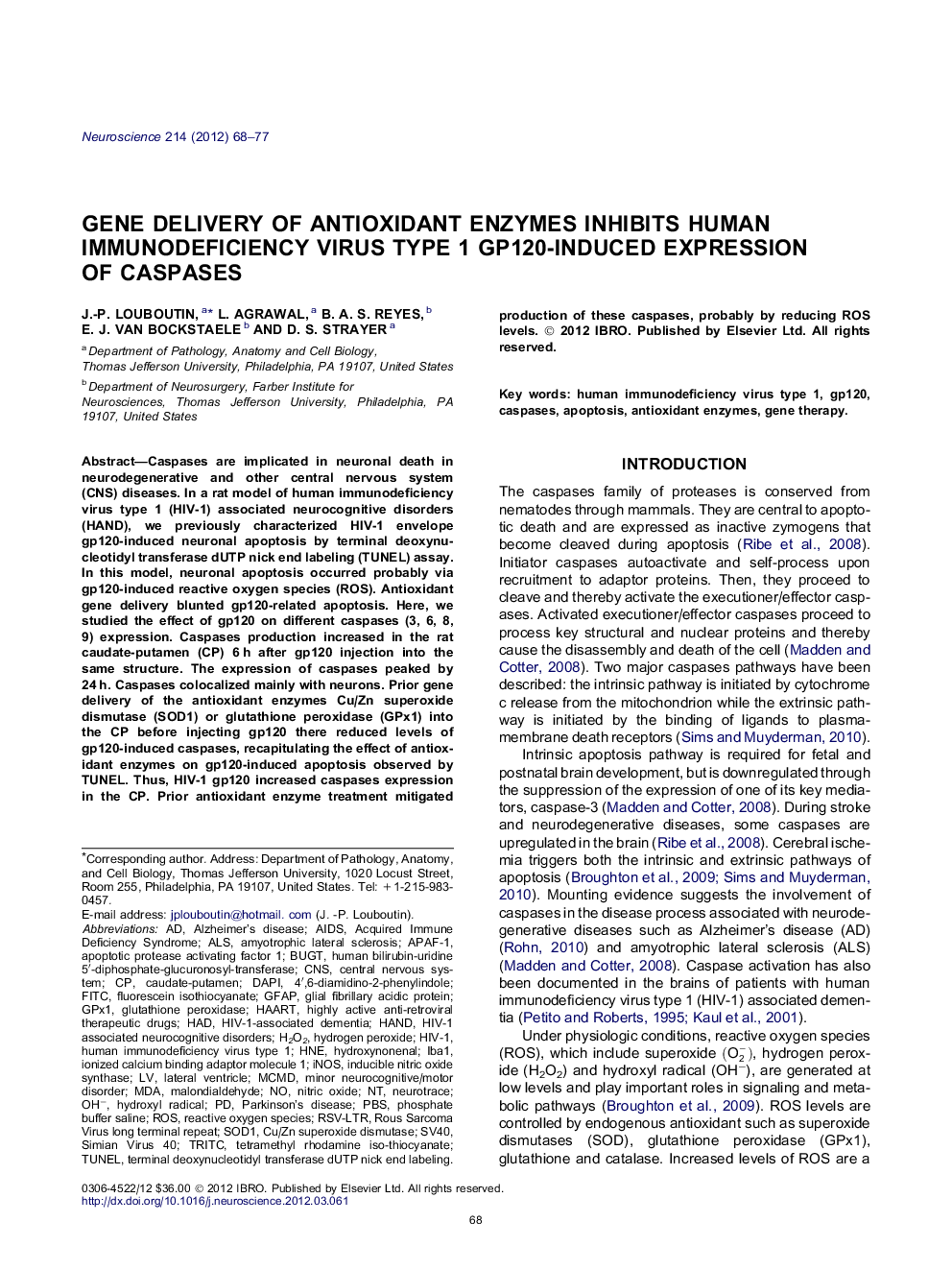 Gene delivery of antioxidant enzymes inhibits human immunodeficiency virus type 1 gp120-induced expression of caspases