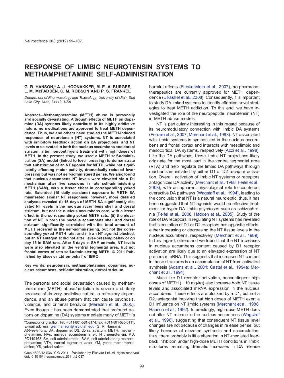 Cognitive, Behavioral, and Systems NeuroscienceResearch PaperResponse of limbic neurotensin systems to methamphetamine self-administration