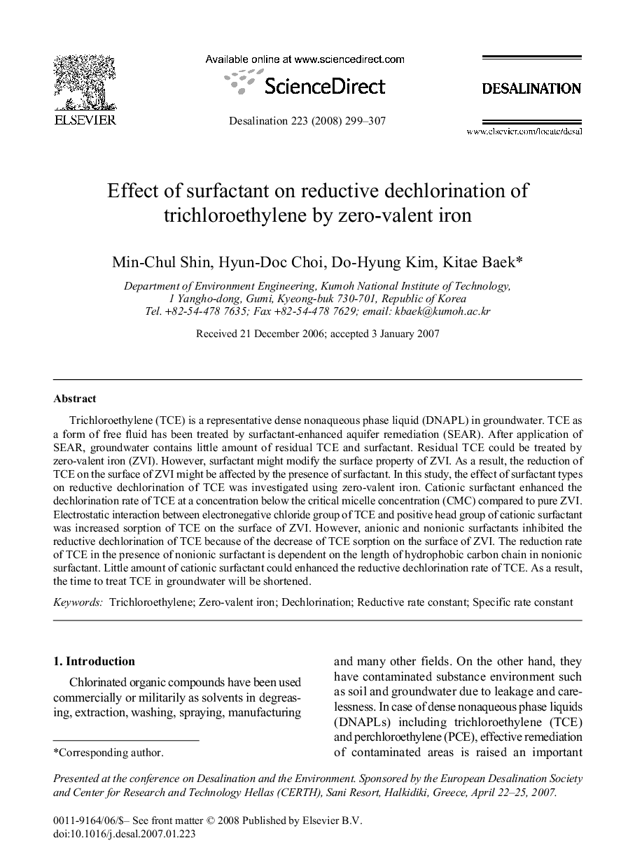 Effect of surfactant on reductive dechlorination of trichloroethylene by zero-valent iron