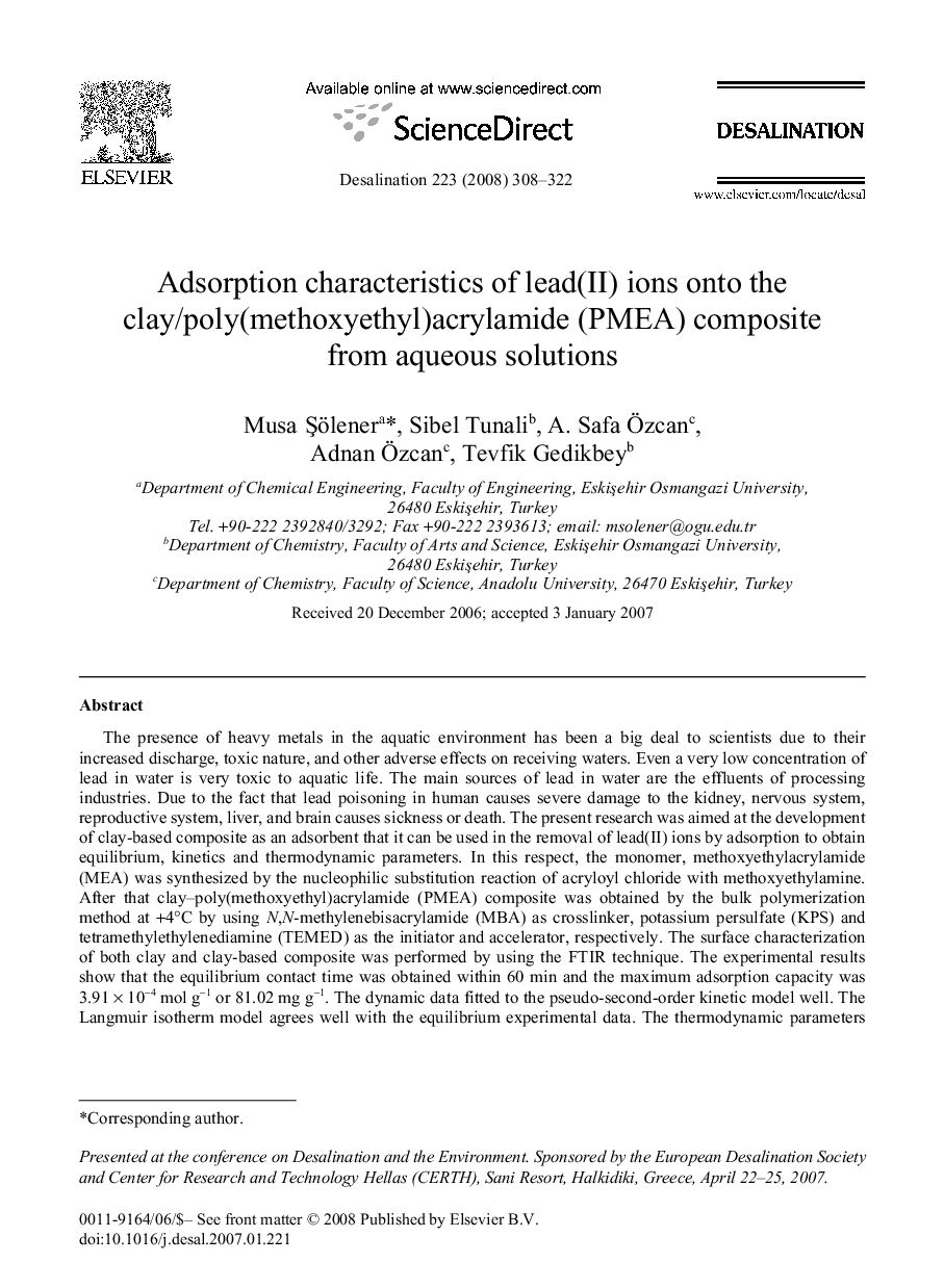 Adsorption characteristics of lead(II) ions onto the clay/poly(methoxyethyl)acrylamide (PMEA) composite from aqueous solutions