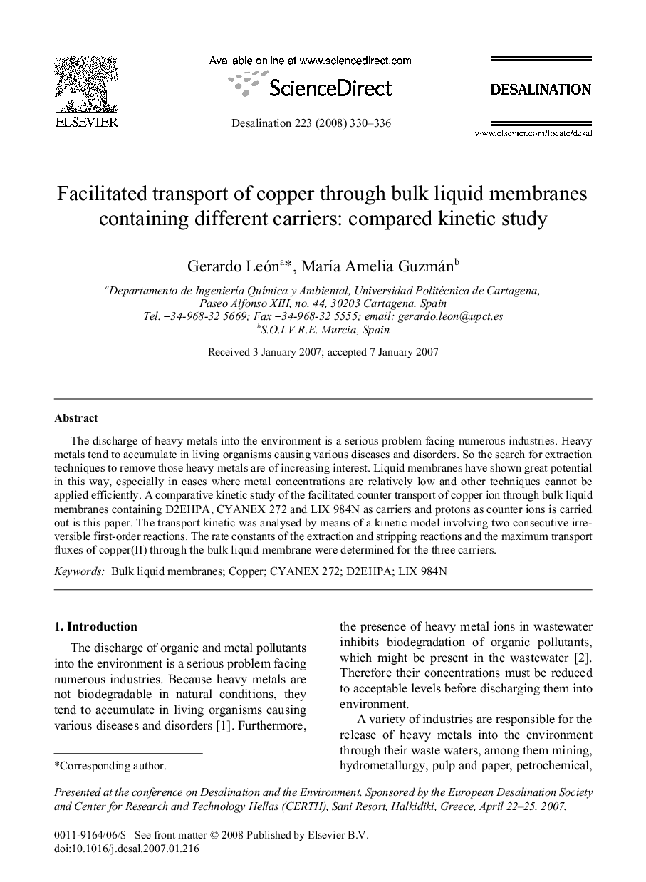 Facilitated transport of copper through bulk liquid membranes containing different carriers: compared kinetic study