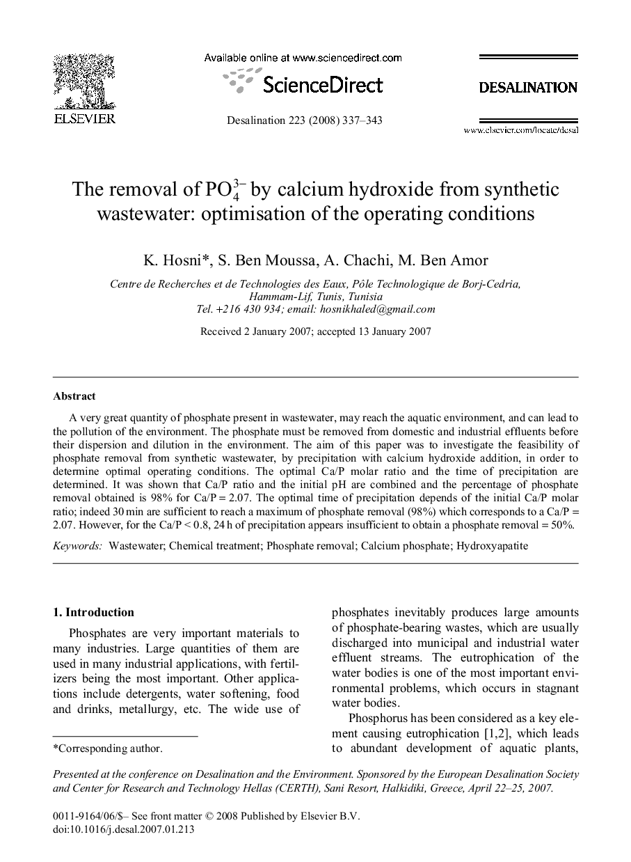 The removal of PO43− by calcium hydroxide from synthetic wastewater: optimisation of the operating conditions