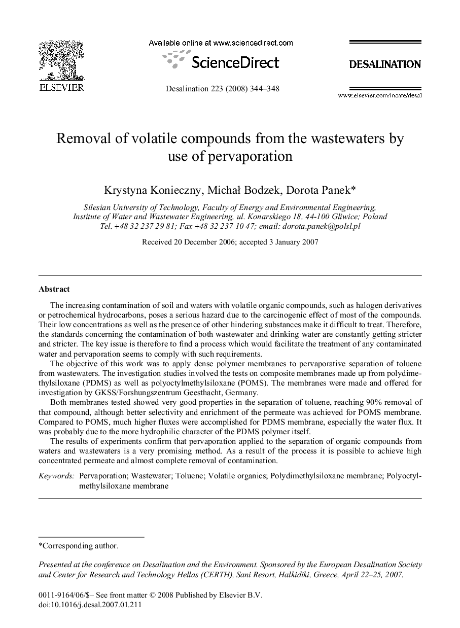 Removal of volatile compounds from the wastewaters by use of pervaporation