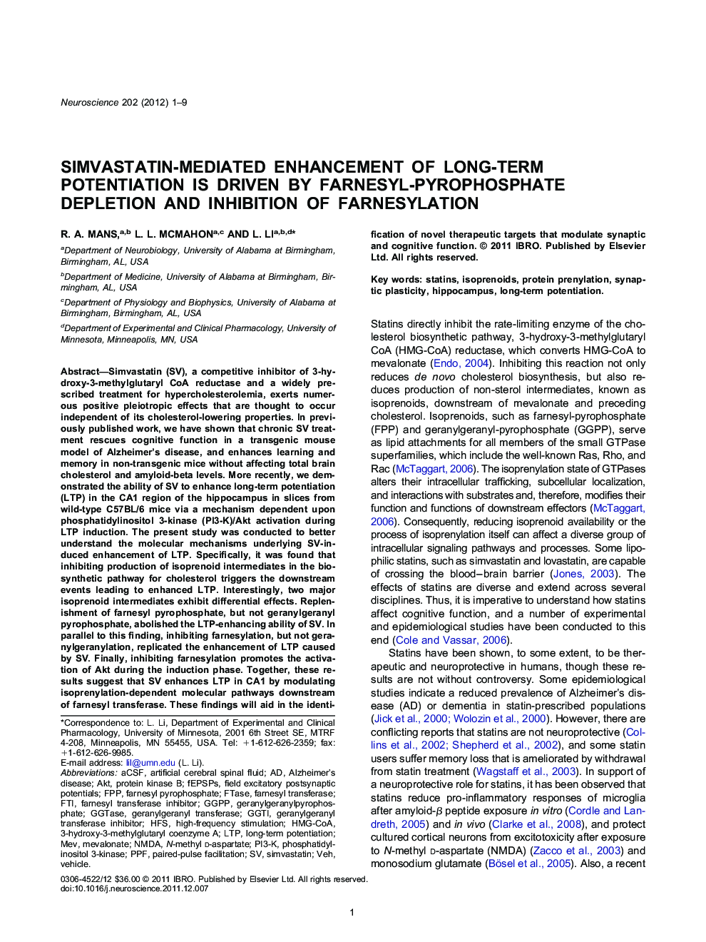 Simvastatin-mediated enhancement of long-term potentiation is driven by farnesyl-pyrophosphate depletion and inhibition of farnesylation