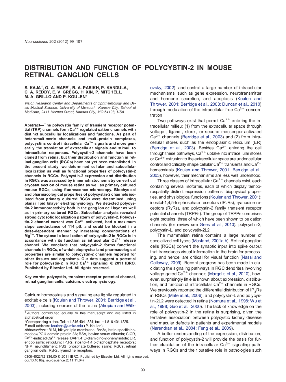 Distribution and function of polycystin-2 in mouse retinal ganglion cells