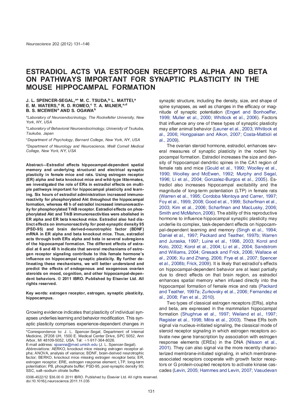 Estradiol acts via estrogen receptors alpha and beta on pathways important for synaptic plasticity in the mouse hippocampal formation