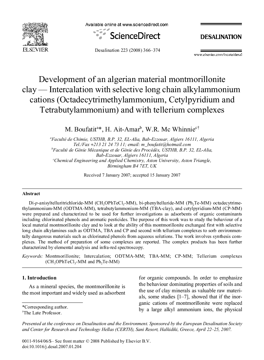 Development of an algerian material montmorillonite clay — Intercalation with selective long chain alkylammonium cations (Octadecytrimethylammonium, Cetylpyridium and Tetrabutylammonium) and with tellerium complexes Development of an algerian material mon