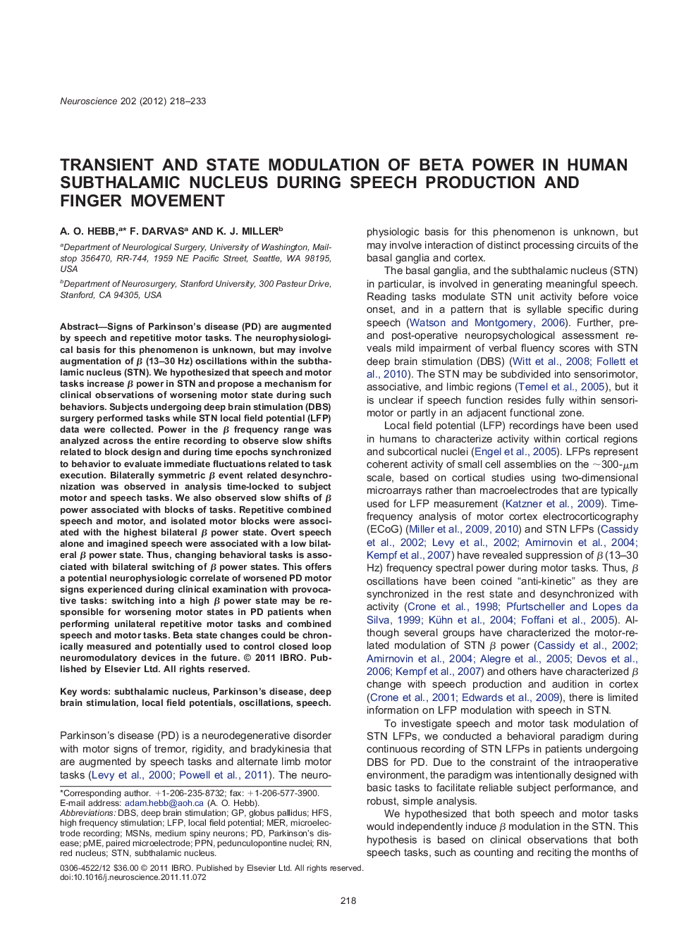 عکس صفحه اول مقاله: Transient and state modulation of beta power in human subthalamic nucleus during speech production and finger movement Transient and state modulation of beta power in human subthalamic nucleus during speech production and finger movement