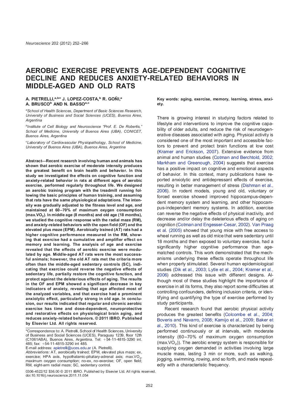 Aerobic exercise prevents age-dependent cognitive decline and reduces anxiety-related behaviors in middle-aged and old rats