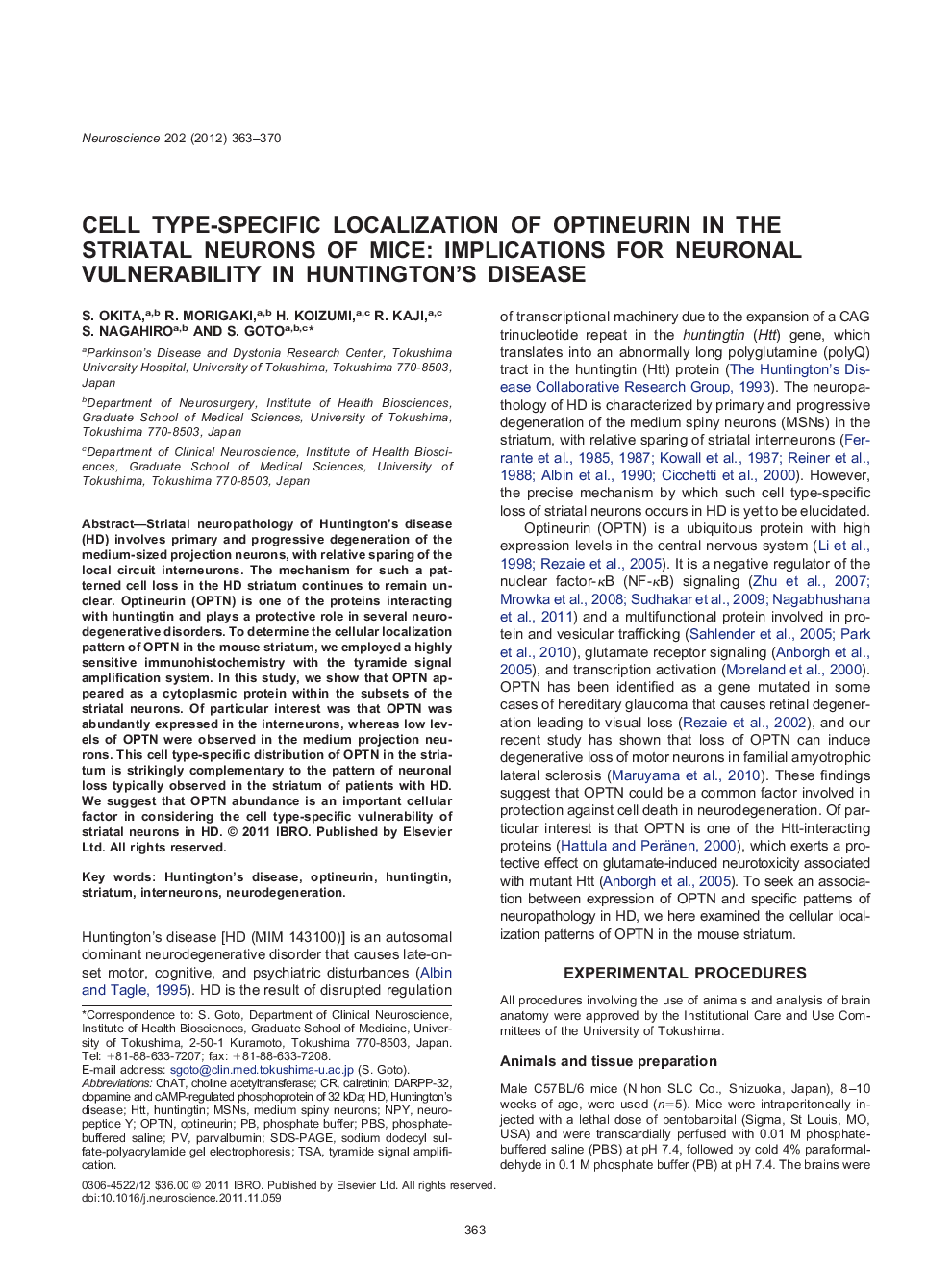 Cell type-specific localization of optineurin in the striatal neurons of mice: implications for neuronal vulnerability in Huntington's disease