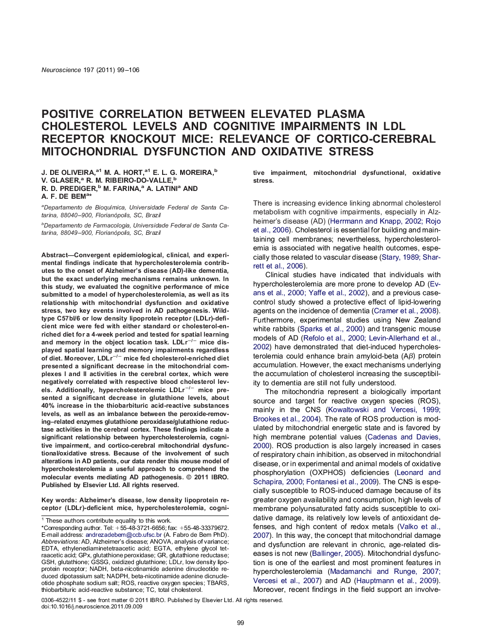 Positive correlation between elevated plasma cholesterol levels and cognitive impairments in LDL receptor knockout mice: relevance of cortico-cerebral mitochondrial dysfunction and oxidative stress