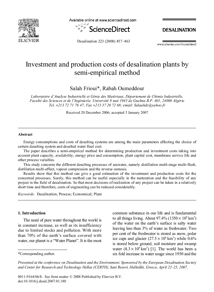 Investment and production costs of desalination plants by semi-empirical method