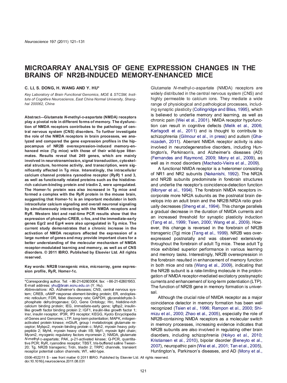 Microarray analysis of gene expression changes in the brains of NR2B-induced memory-enhanced mice