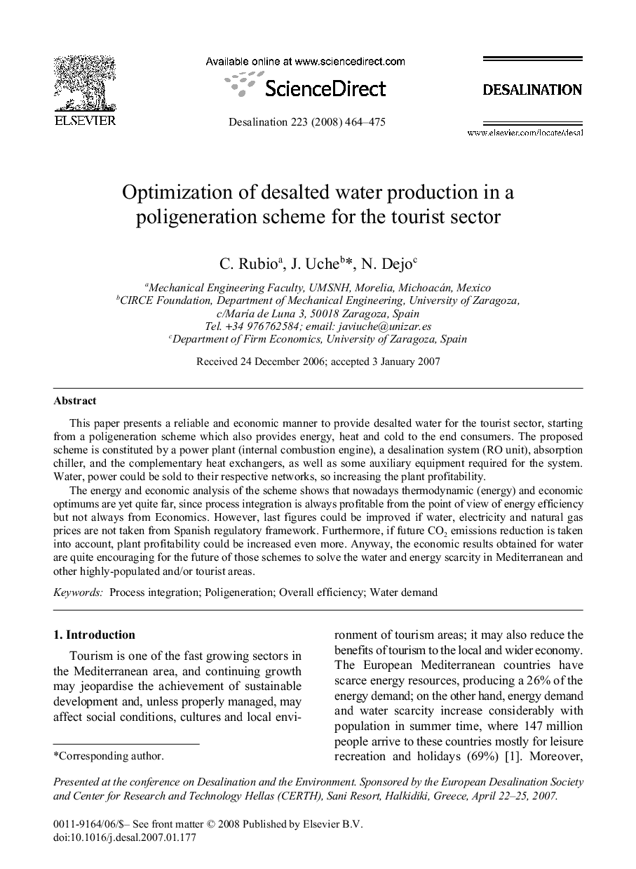 Optimization of desalted water production in a poligeneration scheme for the tourist sector