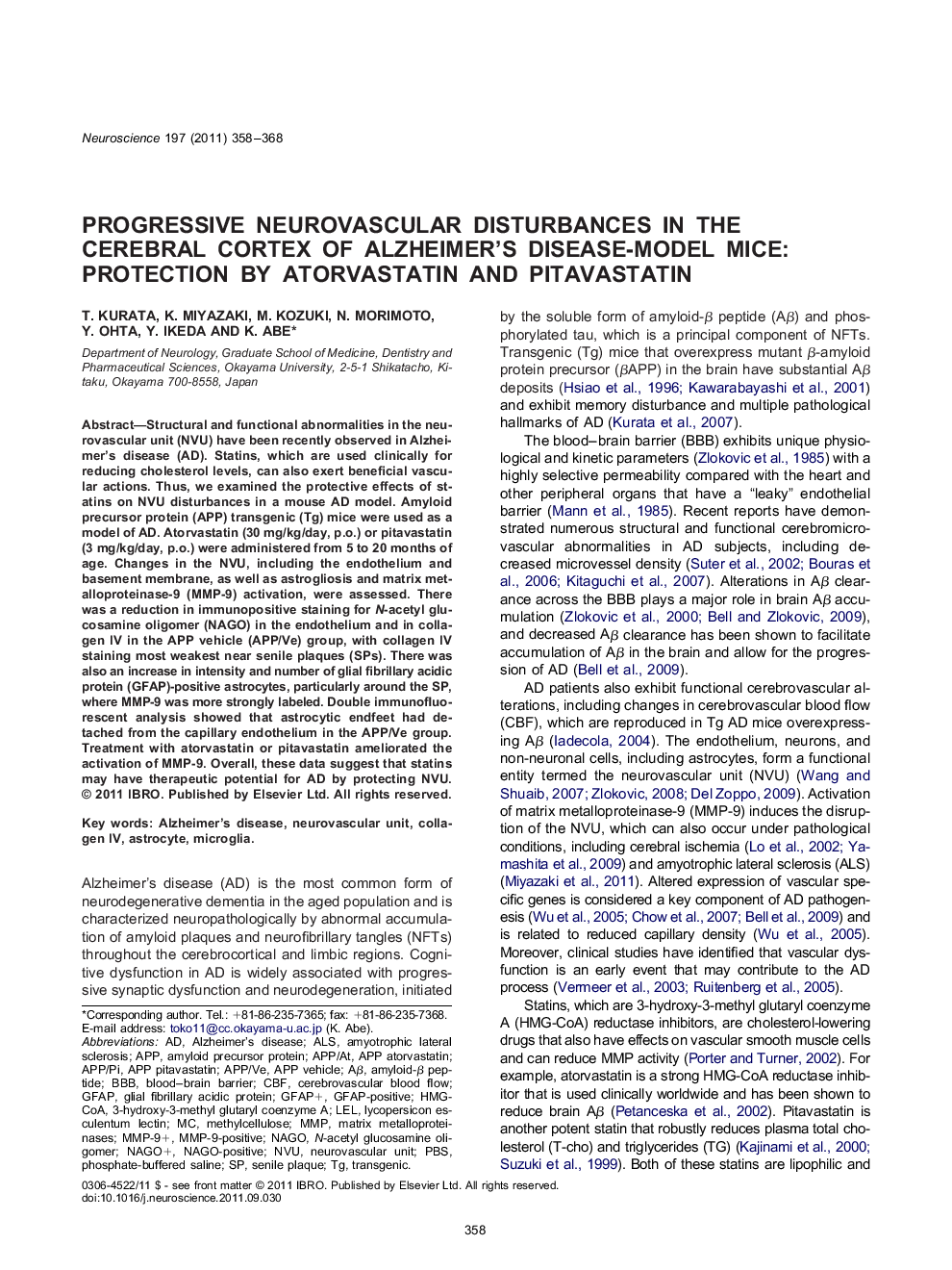 Neurodegeneration, Neuroprotection, and Disease-Oriented NeuroscienceResearch PaperProgressive neurovascular disturbances in the cerebral cortex of Alzheimer's disease-model mice: protection by atorvastatin and pitavastatin